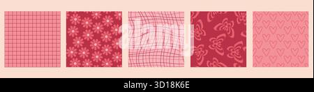 Funky groovy Valentine pattern set with retro grid, daisy flowers, wavy lines, butterflies and hearts for romantic backgrounds or textile designs. Pink monochrome tiles with 70s aesthetic motifs. Stock Vector