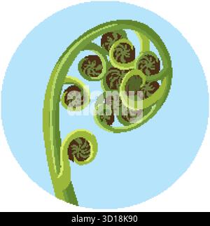 Green koru fern frond illustration with clean lines, flat colors, and circular blue background Stock Vector