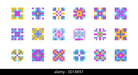Retro pixel art flowers set isolated on white background. Vector illustration of 8-bit floral icons for arcade game design, old computer graphics, cute pixelated nature ornament, simple blossom shapes Stock Vector