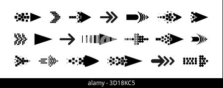 Black arrow signs set isolated on white background. Vector illustration of narrow geometric direction indicators with thin lines, dots, squares, triangles, navigation buttons kit, flat route symbols Stock Vector