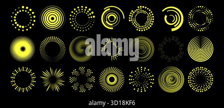 Dot radial ripple patterns in yellow on black bg - concentric circles with solid lines, dotted formations and ray bursts. Modern geometric collection for tech interfaces or abstract visualization. Stock Vector