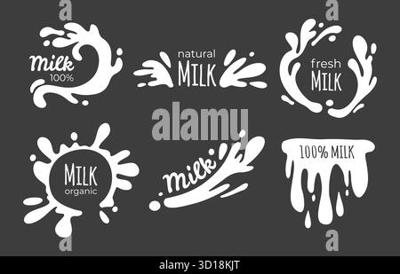 Milk splash label vector set with drop shapes and yogurt icons in flat white design. Natural fresh organic frames with dynamic liquid splatter forms. Dairy product branding element for milky promotion Stock Vector