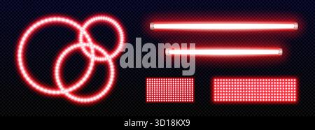 Red led light set with neon strip lamps, tube bulbs and circular rings on transparent background. Glowing panel ribbons with bright illumination effect for party or futuristic technology design. Stock Vector
