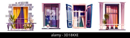 Different window shutters set isolated on white background. Vector cartoon illustration of modern and old building facade elements, balcony with home plants, winter snowflakes on glass, house exterior Stock Vector