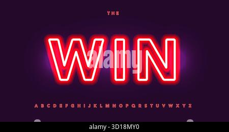 Online Casino Font Red Neon Alphabet, 3D Glowing Letters, Sans Serif Type for Glow Jackpot Bonus Win Prize Text Logo Headline, Gambling Typography on Stock Vector