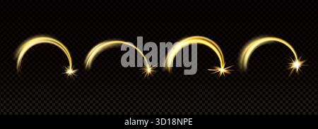 Shooting star with golden light set. Magic gold arch with sparkles collection. Glowing meteor with trail. Glimmering shiny stars in motion. Christmas Stock Vector