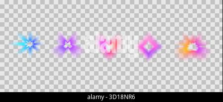 Heart, rhombus y2k gradient icons set. Gradation colors geometric shapes. Butterfly, flower blur elements. Soft smooth figures. Blurry textured. Vecto Stock Vector