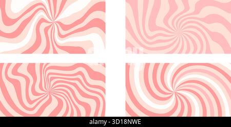 Twisted pink candy banners set. Cream texture sugar liquid starburst background. Retro spiral sun rays backdrop. Vector wavy dynamic lines decoration. Stock Vector