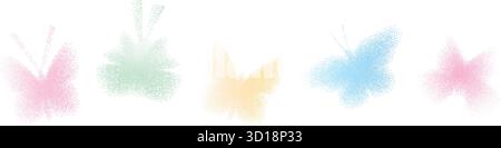 Butterfly y2k shapes with grain noise pastel gradient. Retro stippling forms set. Insect icons isolated on white background. Vector pink, green and bl Stock Vector