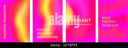 Fuchsia gradient background. Magenta, yellow vibrant gradation template set. Vector bright heat map backdrop with yellow splashes. Bold vivid pink red Stock Vector