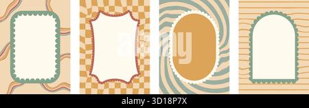 Geometric scallop funky frames set. Wavy groovy arch, rectangle and oval borders on rainbow stripes background. Poster with wobbly stripes and checker Stock Vector