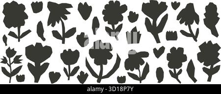 Flower paper cutouts silhouette set. Scrapbook black floral elements collection. Collage leaves, tulip wildflowers linocut shapes. Scrapbook handmade Stock Vector