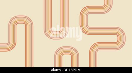 Groovy rainbow lines background. Wavy stripes vintage warm colors cover. Playful squiggle wave arch wall design. Vector retro beige wiggle ornament. A Stock Vector