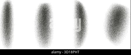 Black grainy gradient textured splotch shapes set. Monochrome stippled splatter figures. Grunge noise dotwork. Undulate splashes with speckles. Vector Stock Vector