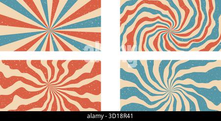 Groovy red and blue circus pinwheel set . Retro starburst backgrounds. Sun rays abstract illustration. Vector wavy carnival decoration. Radial stripes Stock Vector