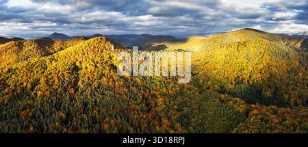 Forest and rocks mountain with sun at beautifull sunset Stock Photo