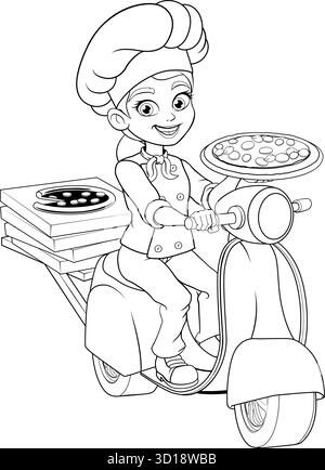 Chef Woman Scooter Pizza Delivery Stock Vector