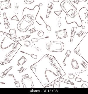 Different makeup products flying Seamless Pattern Black White Vector. Hand drawn line art beauty cosmetics, perfume, lipstick scattered on repeat Stock Vector