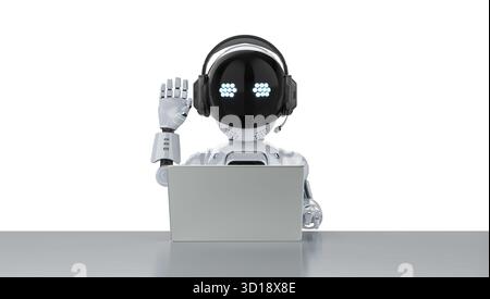 Cute and small 3d rendering artificial intelligence personal assistant robot with computer notebook Stock Photo