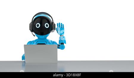 Cute and small 3d rendering artificial intelligence personal assistant robot with computer notebook Stock Photo
