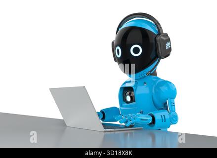 Cute and small 3d rendering artificial intelligence personal assistant robot with computer notebook Stock Photo