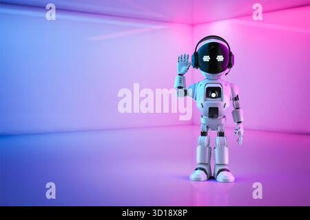 Cute and small artificial intelligence personal assistant robot hand up Stock Photo