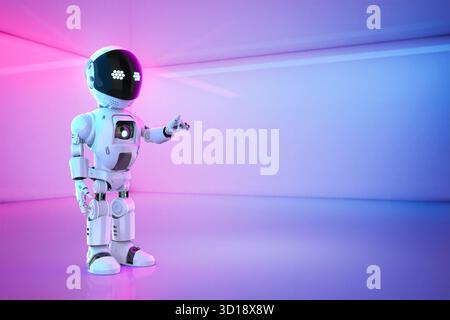 Cute and small artificial intelligence personal assistant robot finger point Stock Photo