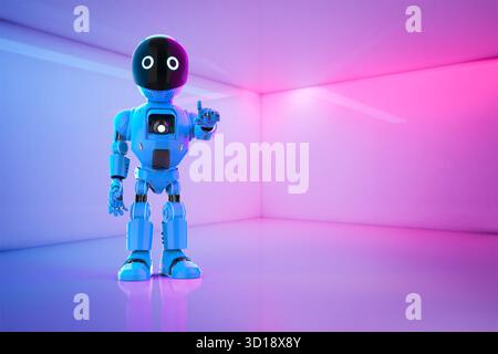 Cute and small artificial intelligence personal assistant robot finger point Stock Photo