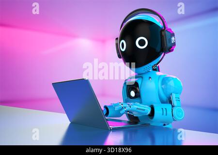 Cute and small 3d rendering artificial intelligence personal assistant robot with computer notebook Stock Photo