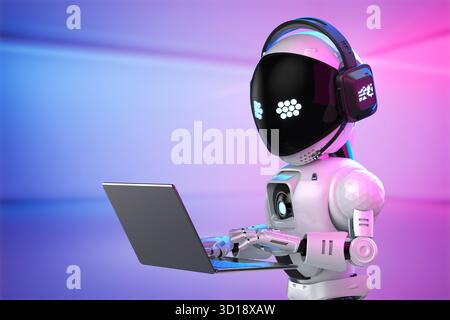 Cute and small 3d rendering artificial intelligence personal assistant robot with computer notebook Stock Photo