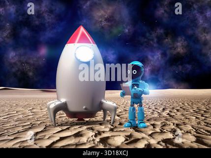 3d rendering artificial intelligence robot with space shuttle on planet Stock Photo