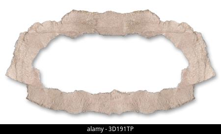 Horizontally oriented digital frame with rough torn paper edge effect. Material resembles light brown organic border. Texture visible showing fibers a Stock Photo