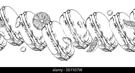 French macaron pastries, souffle filled whoopie pie cookies in seamless row. Vector ink isolated hand drawn artwork. Food kit designs, kitchen label Stock Vector