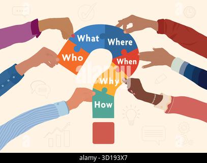 Teamwork Solving Questions with Who What Where When Why How Puzzle Piece Concept Stock Vector