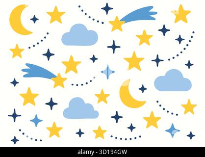 A whimsical celestial repeat displays crescents shooting stars and fluffy clouds on a white field Stock Vector