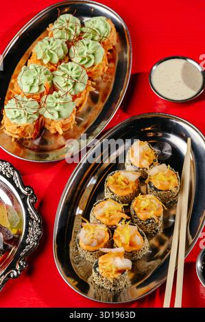 Sesame roll with Chinese sticks and sauce Stock Photo