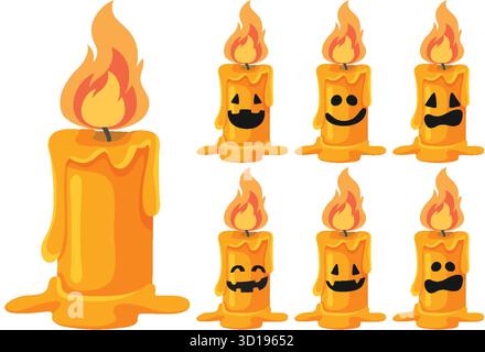 Playful vector illustration of melting candles with expressive faces, bright flames, and smooth shading. Stock Vector