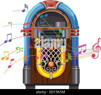 Classic jukebox emits vibrant musical notes, vector style, bright colors, isolated on white background Stock Vector