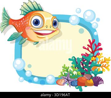 Bright vector fish with large eyes, colorful coral, seashells, and bubbles in playful composition Stock Vector