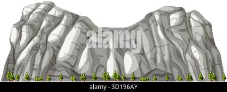 Vector illustration of majestic mountain range with detailed rock formations and pine trees below. Stock Vector