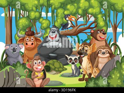 Colorful vector illustration of smiling jungle animals in bright, playful cartoon style with greenery Stock Vector