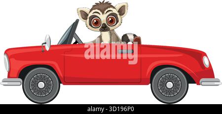 Cartoon lemur sits in bright red convertible, side view, clean vector style, white background Stock Vector