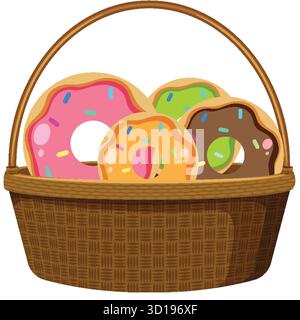 Bright vector illustration of four assorted frosted donuts with sprinkles in a wicker basket. Stock Vector