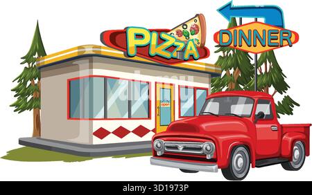 Vector illustration of classic pizza diner with red pickup truck, bold colors, cartoon style Stock Vector