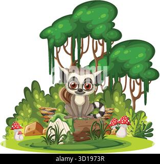Cartoon ring-tailed lemur sits on log surrounded by lush jungle plants and mushrooms Stock Vector