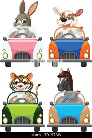 Vector illustration of rabbit, dog, tiger, and horse driving cars, bright colors, flat style Stock Vector