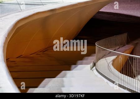 Warm-Toned Light on Modern Curved Stairwell Stock Photo