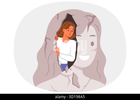 Woman with psychological problems looks out of own destroyed image and needs psychotherapy session Stock Vector