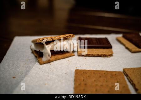 Melted Marshmallow with Graham Crackers and Chocolate on Napkin Stock Photo