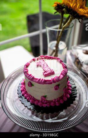 Pink and White First Birthday Smash Cake on Cake Plate in Windowlight Stock Photo